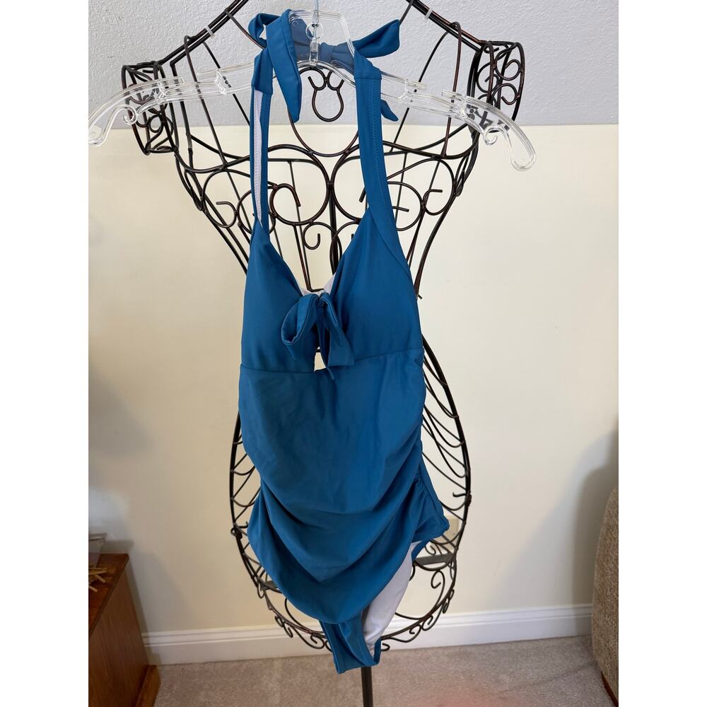 Cupshe one piece swimsuit teal solid bow open back soft girl size small halter